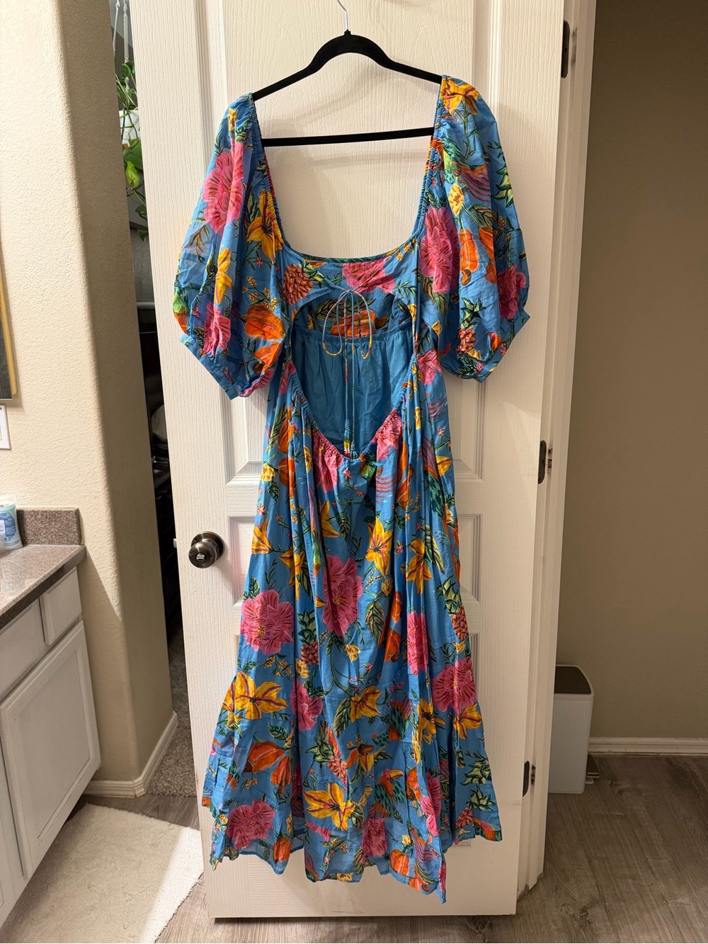 FARM Rio Blue Floral Puff-Sleeve Maxi Dress with Pink & Yellow Blooms - Picture 2 of 4
